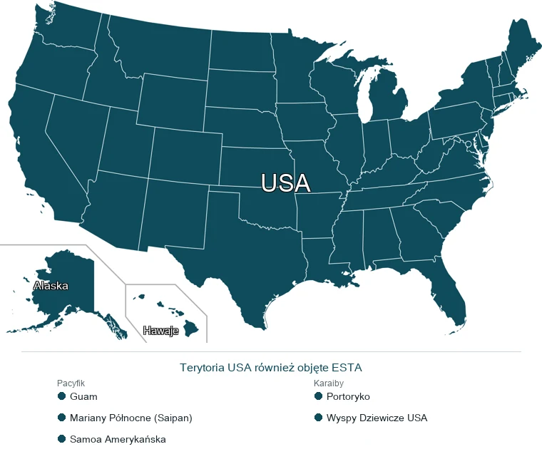 Mapa z zaznaczonym obszarem objetym ESTA: kontynentalne USA, Alaska i Hawaje oraz terytoria USA (Portoryko, Guam i inne)